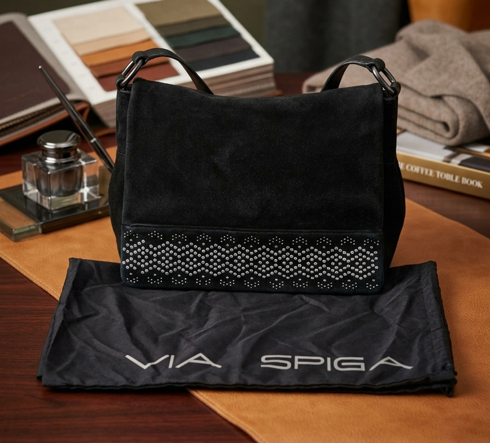 Via Spiga Black Suede Studded Shoulder Bag Leather Strap Hobo Handbag Medium